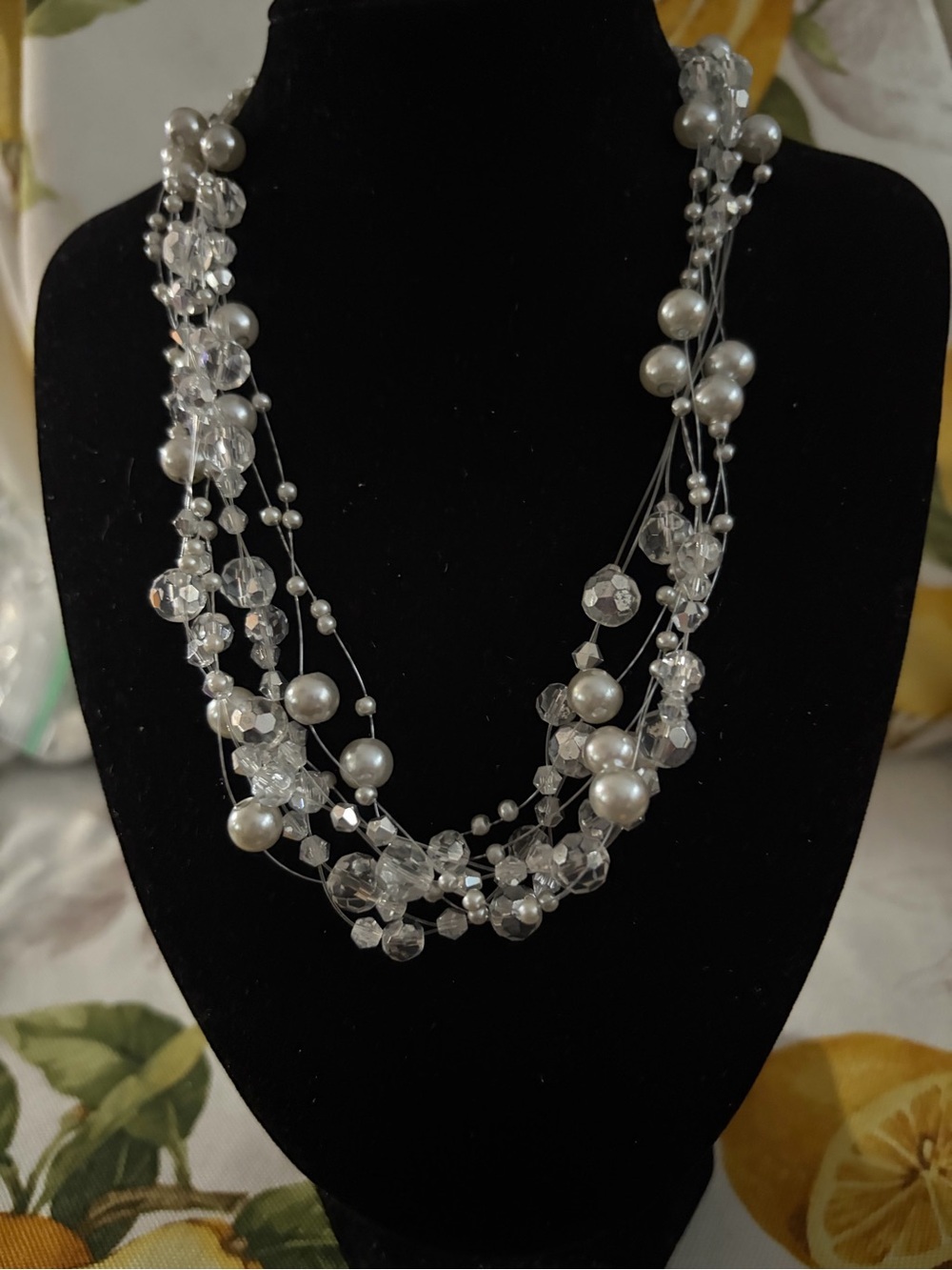 Multi-Strand Pearl and Crystal Necklace in Silver Tone